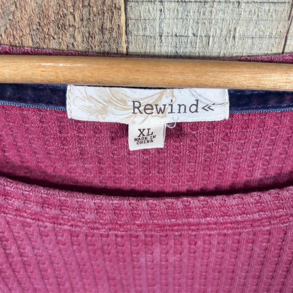 Rewind XL Waffle Knit Top Pink Lace Trim Boho Long Sleeve Oversized Mixed Media - Picture 4 of 6